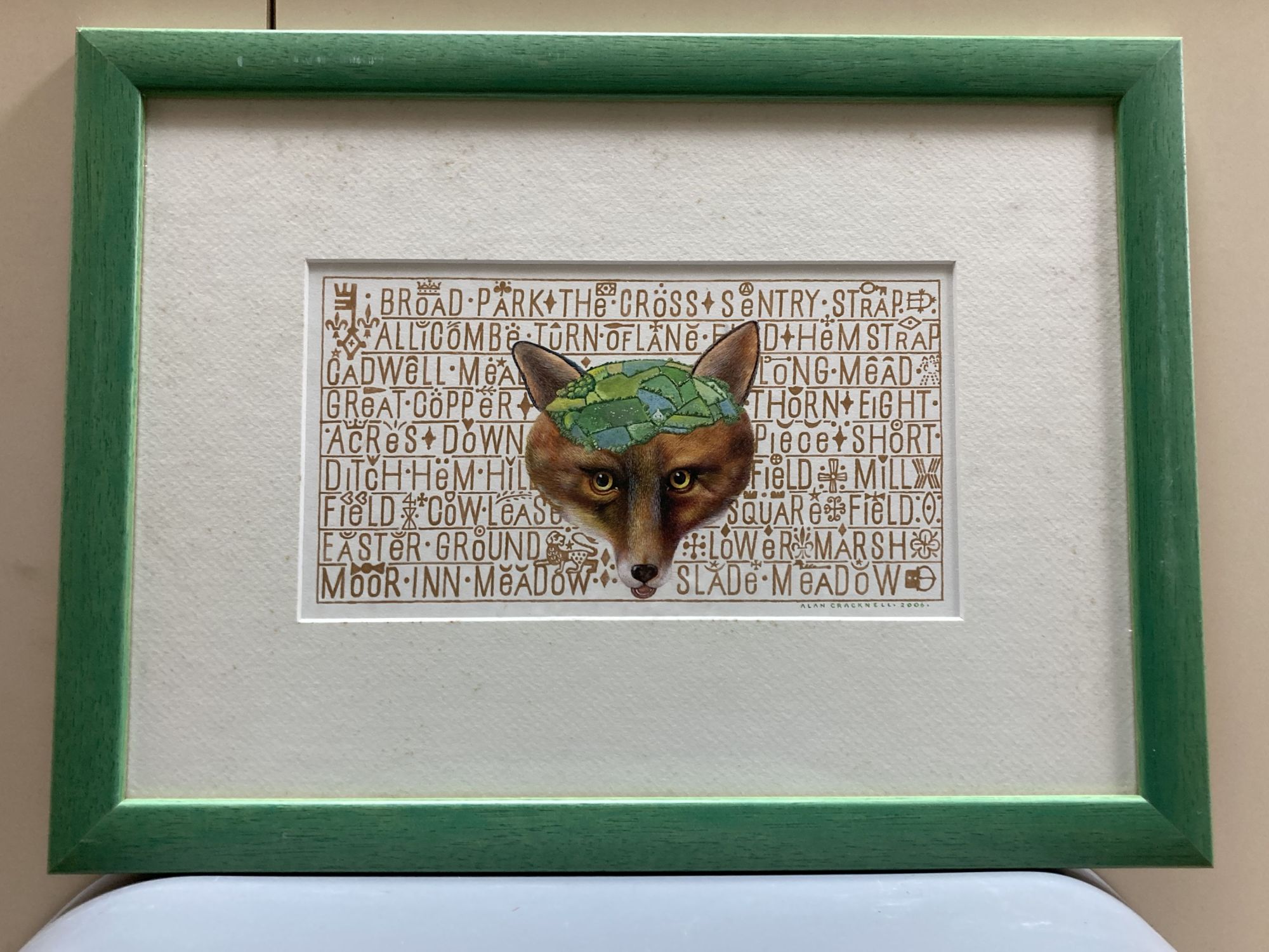 Alan Cracknell, (b.1937), gouache and gilding, Fox head and inscription, signed and dated 2006